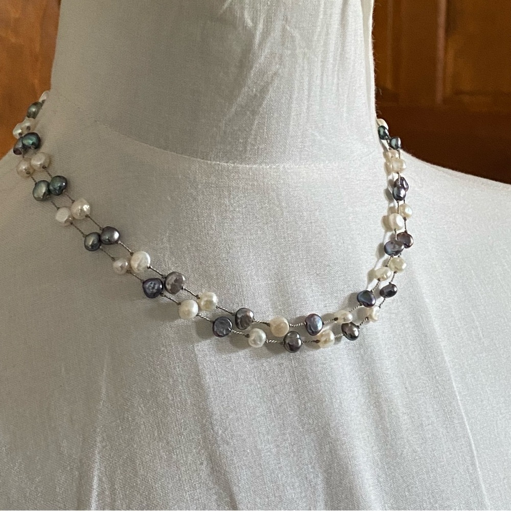 String pearl necklace double strand gray and off white synthetic